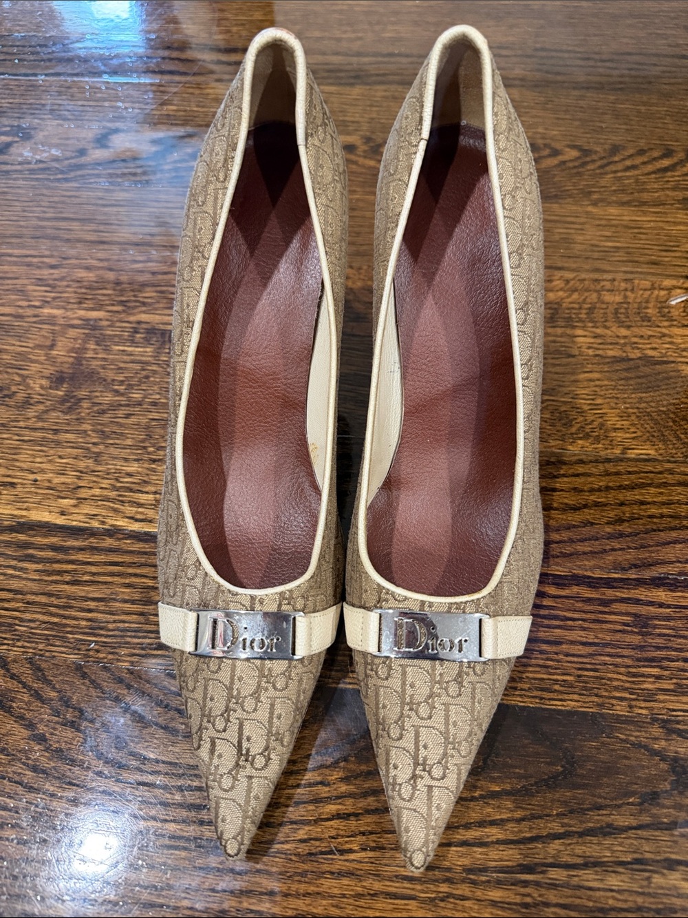 Dior Beige Monogram Pointed Toe Heels with Cream Trim- AUTHENTIC